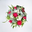 A lush, celebratory bouquet is photographed from directly above, every petal sharply defined against a pure white background that makes the colours glow. At the heart of the design, large hot pink carnations unfurl their ruffled petals in full, exuberant layers, creating a sense of movement and volume. Nestled between them, deep pink to fuchsia roses show off their classic spiral centres; some are fully open with velvety, cup-shaped blooms, while others remain in tight buds, promising more colour in the days ahead. Threaded throughout are tiny white spray chrysanthemums and other daisy-like flowers, their many fine petals forming soft little domes of texture. Wisps of white gypsophila, or baby's breath, drift delicately between the larger flowers like tiny clouds, and a few slender white alstroemeria-style buds introduce a subtle, elegant line. The greenery is rich and varied: rounded, silvery eucalyptus leaves with a cool, almost powdery sheen mingle with longer, brighter green blades, while darker, broad aspidistra leaves are folded and arranged in a collar around the outer edge to frame the bouquet in a neat circle. Gentle, even lighting enhances the brightness of the pinks and the crispness of the whites, suggesting a fresh, just-arranged piece ready to leave a Clerkenwell studio. The overall impression is one of joy, affection, and modern sophistication-an arrangement that would feel perfectly at home on a dining table in a Farringdon flat, on a work desk near Exmouth Market, or carried through the streets around Clerkenwell Green as a gift to celebrate birthdays, say thank you, or share heartfelt congratulations.