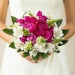 A close-up wedding photograph shows a bride or wedding guest in Clerkenwell cradling a lush, round bouquet against the soft, matte texture of a white gown, the fabric catching the light like the stone facades along St John Street. At the centre of the bouquet, large fuchsia and magenta peonies are packed tightly together, their petals densely ruffled and layered, creating a velvety mass of colour that feels almost cloud-like. Threaded between these bold blooms are crisp white alstroemeria, each trumpet-shaped flower marked inside with fine maroon speckles and slender lines, adding intricate detail that rewards a lingering gaze. Slim, spiky green buds and textured filler flowers poke up through the round shape, their fresh, grassy tones and pointed tips giving the design a lively, modern edge, much like Clerkenwell's blend of old warehouses and creative studios. Deep green, glossy leaves curve around the outer edge, framing the composition and grounding the vivid colours in rich foliage. The bride's hands are gently visible at the base, fingers relaxed, nails neatly manicured in a pale pink that echoes the softness of the peonies. Light falls evenly across the flowers, enhancing every fold and vein in the petals, while the background fades into a soft blur, keeping all focus on the bouquet and the midsection of the gown. The scene conveys that tender moment just before a ceremony begins, a fresh, handcrafted bouquet ready to be carried down a London aisle, perfect for capturing the feel of a stylish Clerkenwell wedding in late spring or early summer.