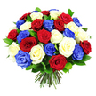 A round, tightly constructed bouquet of roses in deep red, soft white, and striking royal blue dominates the frame, every bloom pressed closely together to form a smooth, domed silhouette. The red roses appear plush and velvety, with spiralled centres and rich, wine-dark shadows between the petals. In contrast, the white roses feel light and creamy, catching the light on their gently unfurling edges and bringing a sense of purity and calm to the composition. Through this classic pairing run bands of vivid blue roses, their saturated colour lending a bold, patriotic character that feels both modern and ceremonial. Here and there, small flashes of dark green foliage emerge between the roses, their glossy surfaces adding depth and helping to define the individual blooms. The stems are visible at the bottom, gathered and cut cleanly, revealing the tidy craftsmanship of a hand-tied design ready to be placed in a favourite vase in a Clerkenwell apartment overlooking Gray's Inn Road or a studio near Old Street. Set against a pure white background, the bouquet seems to float, its colours amplified and harmonious, suggesting themes of unity, remembrance, or national pride. It is easy to imagine this arrangement being chosen for an official reception, a thoughtful tribute for a commemoration service, or a statement gift delivered across EC1 to express admiration and support. The overall mood is dignified yet joyful, like a shared celebration captured in petals and colour.