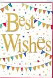 In this image, a celebratory Best Wishes card stands out with a bright, clear presence, echoing the lively yet refined character of Clerkenwell. The card is printed on crisp white stock, its surface smooth and clean, creating a perfect backdrop for the central message scripted in opulent gold. The lettering is slightly embossed and glittering, so that every curve of each letter catches the light, giving the words a soft sparkle reminiscent of late afternoon sunshine glinting off windows along St John Street. Surrounding the gold message, strings of colourful bunting sweep in gentle arcs across the top and bottom of the card, like cheerful decorations hung above a local street party. The tiny triangular flags are painted in vivid colours-bright blues, warm reds, lush greens, sunshine yellows, and hints of pink-with some showing stripes, some dotted, and others adorned with intricate, tessellated patterns. The variation in design lends a handcrafted feel, as if each flag had been individually chosen. Scattered in and around the bunting are tiny stars and confetti-like dots, adding bursts of colour and giving the impression of movement, as though the decorations are caught in a soft breeze. The composition remains balanced and airy, allowing the golden Best Wishes to remain the focal point. The card's atmosphere is joyous yet composed, ideal for sending congratulations on a new job near Farringdon, celebrating exam results, or simply offering heartfelt support for any fresh start. It feels like the visual equivalent of a warm, encouraging hug, quietly amplifying the happiness of the occasion it accompanies.