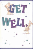 With cheerful imagery that seems to leap from the card, this get well greeting radiates the vibrant optimism found in Clerkenwell's community spirit. A tender teddy bear, his fur a warm chestnut, and a floppy-eared puppy, rendered in creamy hues, playfully cradle oversized, colourful 'Get Well' letters-each letter shaded in bold purples and tranquil teals that glow against a soft ivory background. Sparkling stars, tinged in gentle blue and violet, sweep across the space, recalling magical evenings by Farringdon Road. The fluffy textures and animated faces impart instant comfort, stirring the same reassurance as a hand-delivered bouquet from a trusted local florist. Every detail in the illustration, from the placement of each letter to the twinkle in their eyes, offers encouragement and gentle healing, making this card a heartfelt companion for recovery-a true expression of care from the heart of Clerkenwell.