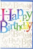 This image shows a joyful birthday card whose front feels as lively as a weekend gathering near Clerkenwell Green. The central focus is the phrase Happy Birthday, written in large, confident letters that transition through an entire rainbow, from deep ruby red through tangerine, golden yellow, fresh spring green, aquamarine, and rich violet. The colours appear layered and softly blended, echoing the cheerful patchwork of shopfronts and markets along St John Street. Behind this bold message, the background is a soft, light tone-likely cream or off-white-over which a delicate script in metallic gold repeats the words Happy Birthday to you in neat, flowing lines. This foil script catches and reflects the light like a row of tiny party lights in a Clerkenwell bar, giving the card a gentle shimmer whenever it's tilted. The gold script is more of a whisper than a shout, providing texture and depth without distracting from the main rainbow greeting. Around the lettering, there are fine specks and small star-like shapes in coordinating colours, reminiscent of scattered confetti that has drifted to rest after a round of applause. The card's finish looks smooth with slightly raised elements, suggesting a satisfying tactile feel when held. Overall, the design balances bold colour with refined metallic detail, making it perfect for celebrating a special birthday in a way that feels both fun and thoughtfully put together-just the sort of card someone in Clerkenwell might choose to make a loved one's day feel extra bright.