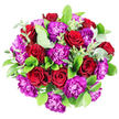 Viewed from overhead against a perfectly white background, this lavish bouquet appears as a dense, rounded pool of colour, all deep reds and vibrant purples framed by lush greens. It has the polished yet artistic feel of an arrangement handcrafted in a Clerkenwell studio, perhaps destined for a celebration in a converted warehouse near St John's Square. The red roses are numerous and fully opened, with velvety petals arranged in tight spirals that give each bloom a sense of depth and structure. Their rich crimson tones are almost jewel-like, evoking passion and classic romance. Dancing around and among them are purple carnations, their frilled and layered petals creating a soft, billowing texture that contrasts with the sleek rose petals. The colour of the carnations leans toward fuchsia and royal purple, bringing a vibrant, playful energy to the composition. Surrounding these blooms, glossy, dark green foliage forms a generous collar, likely Ruscus or Salal, providing a strong, fresh backdrop. Intertwined with this are stems of eucalyptus, their rounded, silvery-green leaves gently protruding from the edges of the bouquet, adding a cooler, more subdued tone that balances the intensity of the flowers. The lighting is bright and even, revealing every subtle curve and vein, as if the bouquet has just been placed on a florist's workbench at Clerkenwell Flowers, ready for same-day delivery along Clerkenwell Road or towards Farringdon. The overall mood is one of joyful opulence and heartfelt sentiment-a design that could easily complement an intimate anniversary dinner, a milestone birthday, or a meaningful thank-you, carrying with it an imagined fragrance of roses touched with fresh eucalyptus.