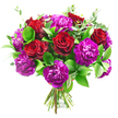 This photograph features a sumptuous hand-tied bouquet of deep red roses and jewel-bright purple carnations, shown against a crisp white background that makes every colour appear even more intense. The roses are placed so that their velvety crimson blooms punctuate the design, each one a perfect spiral of tightly layered petals that speak of timeless romance and carefully planned gestures. Their rich, warm tone is the sort of red chosen for heartfelt confessions and anniversary surprises in Clerkenwell's boutique hotels and converted lofts. Between the roses, clusters of carnations in vivid shades of magenta, plum, and regal violet create a lush, textured canopy. Their frilled petals overlap in soft waves, giving the arrangement a billowing, cloud-like volume and a playful contrast to the roses' smooth shapes. Around and beneath the flowers, glossy dark green foliage provides a structured backdrop, its firm leaves reflecting the light softly. Threaded among this are slender stems of eucalyptus in muted, silvery-green, lending a lighter, airy movement and suggesting a cool, aromatic fragrance that gently lifts the composition. The stems are drawn together at the base in a tidy, circular hand-tied bundle, held with a fine red ribbon that subtly echoes the rose petals without distracting from the blooms. The bright, even lighting casts minimal shadow, highlighting every fold of petal and vein in the leaves, as if the bouquet is ready to be lifted straight from a Clerkenwell Flowers workbench and carried to a celebration near St John's Gate. Visually, the image conveys passion, elegance, and joy, ideal for marking birthdays, proposals, or simply sending love across EC1.