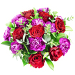 Captured from directly above on a bright white background, this bouquet presents itself as a lush, perfectly rounded medallion of colour, crafted with the care you would expect from a long-established Clerkenwell florist. At first glance, the deep red roses command attention, their petals smooth and velvety, spiralling outwards from tightly furled centres into classic open blooms. Around seven or eight roses are scattered across the design, each one a slightly different shade of red-from lively scarlet to richer, wine-dark tones-adding depth and drama. Nestled closely between them are generous clusters of purple carnations, their ruffled petals forming intricate whorls that catch the light. Some carnations glow with a bright magenta hue, while others are soaked in darker plum and royal purple, giving the arrangement a regal, almost theatrical character. Interlaced with the flowers, eucalyptus leaves in muted, silvery green offer a cool, airy accent, softening the intensity of the reds and purples. Broader, dark green foliage, likely Ruscus or Salal, frames the composition and builds a sense of fullness, while slimmer green stems peek through like new shoots in a London garden after rainfall. The bouquet feels opulent yet modern, the sort of design that could be hand-tied in a studio off Exmouth Market and then delivered across Clerkenwell as a striking anniversary gift, a bold birthday surprise, or a heartfelt gesture of appreciation that brings warmth and vivid colour into any contemporary flat or office.