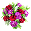 A romantic, painterly bouquet of deep crimson roses and vibrant purple carnations is presented in soft, natural light, its colours glowing warmly as if in the late afternoon sun. The roses, with their plush, velvety petals, unfurl in tight, elegant spirals, creating pools of rich red that feel timeless and deeply expressive. Around them, the ruffled carnations add a playful counterpoint, their flouncy, purple petals catching the light at different angles and adding a sense of movement and joy. Framing this lush cluster of blooms is an abundance of greenery: smooth, glossy leaves provide a dark, supportive backdrop, while sprigs of silvery eucalyptus curve delicately through the arrangement. The eucalyptus introduces a subtle, cool shimmer, balancing the bouquet's intensity and giving it a fresh, modern note that suits the stylish streets of Clerkenwell. Imagining the scent, you might sense the classic perfume of roses mingled with the faintly spicy aroma of carnations and the crisp, invigorating hint of eucalyptus leaves. The bouquet feels carefully composed rather than rigid, as though arranged by a skilled florist who understands when to let each flower breathe. It could sit beautifully on a dining table in a Clerkenwell apartment overlooking Farringdon Road, or on a desk in a studio near Exmouth Market, catching the eye of everyone who passes. This arrangement seems made for anniversaries, romantic gestures, and meaningful celebrations across EC1, or simply to bring a touch of heartfelt elegance into an ordinary day. Every stem, every petal, speaks quietly of thoughtfulness, artistry, and the joy of giving flowers in the heart of Clerkenwell.
