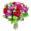 A sumptuous bouquet of deep red roses and plush purple peonies fills the frame, radiating the kind of quiet drama that suits a Clerkenwell townhouse or a stylish office near Exmouth Market. The roses are at that perfect point of openness where their velvety petals spiral outward in layered whorls, each bloom looking generous and full of emotion. Between them, the peonies emerge as rounded, cloud-like blossoms, every head brimming with softly crinkled petals that shift from lighter lavender tones at the edges to deeper purples toward the centre. Cradling these statement flowers is a collar of vibrant green foliage, the leaves overlapping and fanning out to create a sense of movement and life, while slender, slightly arching eucalyptus stems weave through, adding a cool, silvery note that keeps the arrangement feeling fresh and contemporary. The bouquet is gathered neatly into a clear glass vase, where the stems are visible-trimmed, straight, and thoughtfully arranged in clean lines. The water is crystal clear, catching the ambient light that seems to fall gently from one side, suggesting daylight from a nearby Clerkenwell window or balcony. This soft illumination makes the red petals glow warmly and the purple peonies almost shimmer, while casting subtle shadows onto the surface below. You can almost sense the layered fragrance: the sweet, romantic perfume of roses mingling with the fresh, green aroma of foliage and the subtle, herbal clarity of eucalyptus. The overall mood is celebratory yet intimate, ideal for an anniversary dinner in EC1, a heartfelt birthday surprise delivered to a studio near St John Street, or simply an expressive way to say you are deeply appreciated.