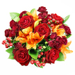 Seen from directly above against a pristine white background, this densely packed, rounded bouquet reads like a study in warmth and texture. At the centre several large, fully opened deep red roses unfurl their velvety petals, each bloom revealing layered hearts that suggest classic romance and a quiet, tactile luxury. Scattered among them are bright orange Asiatic lilies, trumpet-shaped and dramatic, some petals spread wide to show their dark-speckled throats and prominent stamens, others still unfurling in tighter curls that promise a slow, rewarding reveal. Small clusters of dark burgundy spray roses-miniature, tightly clustered heads-nestle into the gaps and deepen the composition with jewel-toned shadows. Glossy ruby Hypericum berries punctuate the design like tiny lanterns, their smooth roundness catching the soft, even light and offering a playful, festive texture beside the velvety and papery petals. Broad, glossy green leaves-salal or ruscus-push through the surface in gentle arcs, their cool, fresh green creating relief from the warm reds and oranges and lending the bouquet a full, sculpted silhouette. The lighting is soft and diffuse, emphasising petal texture and the bouquet's compact geometry without harsh shadows, as if arranged beneath morning light in a Clerkenwell studio near Exmouth Market. The scent is suggested-spicy citrus of lilies tempered by the deep, familiar perfume of roses-inviting breath and memory. This composition reads as an opulent, celebratory piece: ideal for an anniversary, a passionate declaration, or an autumn table centre that wants to feel both intimate and richly considered across Clerkenwell and neighbouring Farringdon.
