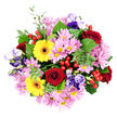 Set against a spotless white background and viewed from directly above, this bouquet looks like a radiant circle of colour, composed with the quiet confidence of an experienced Clerkenwell florist. Deep red roses form the emotional core, their tightly furled petals creating velvety, spiralling hearts that speak of devotion and warmth. Around them, bold yellow Gerbera daisies with dark, contrasting centres radiate like tiny suns, lending the arrangement an uplifting, celebratory mood. Between these brighter notes, clusters of soft pink and lilac chrysanthemums, each bristling with fine, feathery petals and pale yellow-green centres, introduce a dreamy, almost cloud-like softness. Intertwined throughout are lisianthus blossoms in rich purples, lavender tones, and subtle blue shades, their bell-shaped flowers and gently ruffled edges adding a refined, romantic elegance reminiscent of evening light along St John Street. A generous collar of foliage encircles the blooms: broad, glossy leaves create a deep green backdrop, while smaller, rounded, eucalyptus-like sprigs weave in and out, bringing cool, silvery-green highlights and a sense of garden freshness. Punctuating the arrangement, glossy red hypericum berries cluster in small groups, like scattered jewels that catch the eye and echo the roses' deeper tones. The bouquet feels harmonious and full, every flower and leaf contributing to a sense of joyful abundance. Its rich palette and textured layers make it ideal for celebrating birthdays, anniversaries, or new beginnings, whether it's delivered to a converted warehouse apartment, a design studio near Exmouth Market, or a cosy townhouse anywhere in Clerkenwell.