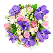 From a bird's-eye view against a pure white surface, this bouquet looks like a lush, living mandala crafted in the heart of Clerkenwell. The design is tight and perfectly rounded, packed with flowers so closely that no gaps are visible, giving an impression of abundance and care. Rich purple Vanda orchids punctuate the arrangement, their velvety petals patterned with darker violet veins and speckles that lend an almost celestial quality, like fragments of twilight sky caught among softer blooms. Between these striking orchids, layers of roses in blush pink, delicate pastel pink, and creamy off-white create a gentle, romantic colour wash. Some roses are compact and newly opened, while others unfold in generous, spiralling layers, their edges slightly ruffled, suggesting the softness of silk and the quiet sweetness of a traditional rose scent. Scattered throughout are small white cluster flowers-tiny star-shaped blossoms that introduce air and light into the dense composition, much like glimpses of open sky between Clerkenwell's historic buildings. Creamy Hypericum berries, rounded and pearl-like, nestle against the petals and add a subtle woodland charm, their smooth surfaces contrasting with the intricate textures of petals and stamens. The bouquet is framed by a collar of deep, glossy green foliage mingled with brushed-silver leaves that echo the cool tones of Dusty Miller, giving the whole piece dimension and freshness. The arrangement conveys a mood of thoughtful luxury and heartfelt emotion, suited to a romantic anniversary dinner near Farringdon, a bridal bouquet alternative for a civil ceremony, or an elegant gift delivered to a studio or office overlooking Clerkenwell's cobbled streets.