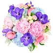 A lavish, rounded bouquet sits against a pure white background, every bloom carefully composed so the colours and textures feel luxuriously layered, like a statement piece in a Clerkenwell loft. The design is densely packed into a neat dome, with large pastel pink peonies commanding attention at the centre; their countless ruffled petals open generously, suggesting softness, romance, and the fullness of early summer. Surrounding them, clusters of sky blue hydrangeas add pillowy volume, their many tiny florets blending into cool, cloud-like cushions that gently offset the warmth of the pinks. Woven throughout the arrangement, bright fuchsia-purple Vanda orchids create striking accents, their exotic, speckled petals introducing a bold, artistic flair that calls to mind the creative spirit of nearby design studios on Clerkenwell Road. Coral pink calla lilies, with their smooth, trumpet-shaped blooms, curve elegantly outward from the dome, adding clean lines and a modern note, as if sketching graceful arcs through the air. Smaller gaps are meticulously filled with light pink and creamy white spray roses, each stem offering several petite blossoms that contribute a refined texture and a hint of delicate fragrance, like a soft whisper in a quiet EC1 courtyard. Peeking from beneath and between the flowers, silvery-green dusty miller and deeper green foliage create a layered backdrop of cool and rich tones, grounding the vivid florals and giving the bouquet depth and structure. The overall impression is of a sophisticated, celebratory piece-ideal for delivery to a converted warehouse overlooking Farringdon, for marking an engagement, a milestone birthday, or any occasion where elegance and heartfelt emotion are meant to be clearly seen and deeply felt.