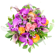 Captured from a bird's-eye view against a pristine white backdrop, this bouquet appears as a rich, circular mosaic of colour, the kind of artistic composition you might expect from a seasoned Clerkenwell florist. The eye is immediately drawn to several large Vanda orchids in vivid fuchsia and deep magenta purple, their waxy petals marked with intricate, tessellated patterns that give them an exotic, almost otherworldly presence. Curving snugly around these focal blooms are tight clusters of roses, some in tender pastel pink that suggests romance and softness, others in spirited shades of tangerine orange and bright golden yellow, their spiralling whorls of petals resembling tiny, unfolding sunsets. Interspersed among the roses and orchids are sleek, trumpet-shaped calla lilies in deep plum and aubergine tones, their sculptural curves rising slightly above the rest of the flowers, adding drama and refined elegance. Smaller clusters of dainty lavender and pale purple filler flowers, reminiscent of phlox, weave between the larger heads, introducing a subtle, airy texture that keeps the design from feeling heavy. A foundation of lush greenery encircles and threads through the bouquet: broad emerald leaves provide a dense, garden-like base, while distinctive silvery-green eucalyptus leaves, both round and elongated, contribute a cool contrast and hint at fresh, aromatic foliage. The flowers are densely packed, forming a perfectly rounded, abundant arrangement with no visible gaps, suggesting meticulous care in every stem placement. Gentle, even lighting highlights the depth of the colours and the interplay of smooth, ruffled, and glossy textures. The mood is joyful yet polished, ideal for a milestone birthday in a Clerkenwell warehouse apartment, a celebratory gift delivered near Farringdon Road, or a vibrant centrepiece for a cosy dinner in one of the area's converted lofts.