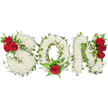 A tender, carefully constructed floral tribute spells out SON in three clear capital letters against a pristine white background. Each letter is built from a dense carpet of small, pure white spray chrysanthemums that read as soft, pillow-like masses-creamy at the edges, tightly packed at the centre-evoking purity, quiet dignity, and the subtle green-tinged scent of fresh blooms. Rich green ivy is threaded through and around the white letters, its trailing vines and glossy leaves adding organic movement and a cool evergreen undertone that deepens texture and frames each character. Deep, velvety red roses punctuate the design as poignant focal notes: the S bears a cluster of three roses nestled into its upper left curve with accompanying dark foliage; the O is anchored by a single prominent red rose at its bottom centre, embraced by feathery fern fronds and delicate green accents; and the N is lined on its right side with another vertical grouping of three intense red blooms. Natural, soft daylight falls across the arrangement, accentuating the contrast between the immaculate white chrysanthemums and the passionate red roses while casting gentle shadows that reveal the arrangement's dimensional craftsmanship. This composition reads as a personalised funeral letter tribute, commonly chosen for memorial services, graveside arrangements, or wakes to honour a beloved son. The combination of pure white, vibrant green, and deep red carries a language of love, respect, and enduring remembrance, offering comfort through careful floral design for families across Clerkenwell and nearby streets such as Exmouth Market and Clerkenwell Green.