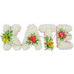 A personalised funeral flower tribute spells KATE in four bold block letters, photographed against a spotless white background so the workmanship and colours are easy to imagine. Each letter is densely filled with snowy white chrysanthemums, the rounded petals overlapping to form a lush, cushioned surface that conveys softness and peace. Along the outside of every letter, a pale pink satin ribbon is neatly ruffled, its gentle colour and sheen providing a feminine frame that softens the strong typographic shapes. Within the white flowers, the florist has tucked in striking accent blooms: yellow-green cymbidium orchids with their distinctive reddish-brown patterned centres nestle along the 'K' and 'T', bringing a fresh, spring-like lightness, while glossy red anthurium flowers, unmistakably heart-shaped, highlight the 'A' and the 'E'. These bolder flowers are surrounded by rich green foliage, including broad, shiny leaves and lighter fern textures, creating depth and a sense of natural movement. Fine green tendrils curl and sweep from one letter into the next, visually joining the name so it reads as a single, flowing tribute rather than separate pieces. The overall feeling is one of calm respect and loving detail, the kind of arrangement thoughtfully prepared by an experienced Clerkenwell florist for a farewell service at a local crematorium or a memorial gathering in one of the area's intimate venues off Clerkenwell Road. This floral name display is ideal for honouring someone called Kate, offering a gentle, heartfelt expression of sympathy and remembrance through carefully chosen flowers.