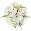 Seen from a gentle overhead angle, this round hand-tied bouquet reads as a study in pure whites: large, trumpet-shaped white lilies with lightly green-tinged stamens sit at the heart, their broad petals curving like silk, while clusters of creamy ivory roses - mostly in tight bud or half-open - form a soft, velvety chorus around them. Tiny lace-like sprays of white Baby's Breath (Gypsophila) are sprinkled throughout, creating a frothy, cloud-like texture that softens every edge and draws the eye inward to the lilies' open faces. Here and there, crisp green leaves peek out at the perimeter, offering a refreshing counterpoint to the monochrome palette and lending definition to the bouquet's perfectly symmetrical silhouette. The lighting is clear and even, as if caught in soft morning light that accentuates the subtle cream tones and the lilies' faint green centers; you can almost sense a delicate, sweet perfume rising from the blooms. The composition is deliberate yet feels effortless, the kind of refined design I would create for a wedding bouquet, a graceful centerpiece, or a comforting, thoughtful gift for a new home. As a Clerkenwell neighbour delivering to streets around Exmouth Market and Spa Fields, I picture this arrangement wrapped in simple white paper for a bride stepping out into the square, or placed on a polished table near tall windows, radiating calm and quiet celebration. Freshness, balance and a timeless white-on-white elegance are what this arrangement expresses - purity, new beginnings, and steady comfort in a single, meticulously crafted bloom cluster.