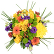 From a bird's-eye view against a pristine white background, this bouquet forms a near-perfect circle of colour, glowing like a small sun in the middle of Clerkenwell. At its core, clusters of rich yellow roses unfurl in soft spirals, surrounded by large yellow chrysanthemums whose many slender petals create full, rounded cushions that radiate warmth. Threaded through this golden base are bright orange gerbera daisies, their wide petals and deep brown centres standing out as bold, daisy-like discs that add energy and a playful, contemporary feel. Tucked neatly between the larger blooms, lime-green button chrysanthemums sit like tiny domes, their compact, textured surfaces bringing a fresh, almost zesty brightness reminiscent of new growth in nearby Charterhouse Square gardens. Deeper within the arrangement, velvety purple lisianthus flowers and buds introduce a cool, elegant contrast, their gently folded petals adding depth and a sense of quiet sophistication. Small clusters of glossy red hypericum berries glint between the petals, their smooth, bead-like forms providing a firmer, structured texture amongst the softness. Long, fine blades of green bear grass arc gracefully out from the bouquet, creating light, sweeping lines that give the design movement and prevent it from feeling too dense. The mood of the arrangement is unmistakably joyful and uplifting, ideal for birthdays, thank-you gestures, or brightening an apartment off Old Street. The carefully balanced mix of yellow, orange, green, purple, and red, combined with varied textures from soft petals to polished berries, makes this bouquet a vivid expression of celebration and heartfelt connection.
