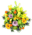 Against a clean white backdrop sits a lush, mounded bouquet that feels like a sunlit meadow gathered into a single, joyous composition. Tall yellow Asiatic lilies reach up with some blooms fully open to reveal their speckled throats and stamens, while others remain elongated chartreuse-yellow buds, suggesting motion and promise. Soft lavender-purple roses, their petals curling in a classic spiral, are tucked into the heart of the arrangement to offer a calm, romantic counterpoint to the brighter hues. Large orange Gerbera daisies punctuate the mass with flat, cheerful faces and dark centers, their petals radiating warmth. Abundant lime-green button chrysanthemums or cushion blooms create velvet-like mounds of texture, filling negative space and lending the bouquet density and volume. Scattered among these are small, spherical orange and golden-yellow accent blooms-Craspedia-like or spiky pom-poms-that add playful pops and contrast in scale. Cooling the palette and adding architectural interest are several blue-grey Eryngium thistles, their spiky bracts and steel-blue tones cutting across the warmer flowers with sculptural grace. A variety of glossy and matte green foliage-broad lily leaves and smaller filler greens-forms a verdant backdrop that unifies the composition and gives depth. Bathed in soft, even studio light, the arrangement reads as both celebratory and contemplative: suitable for birthdays, thank-you gifts, or as a bright sympathy tribute. As a florist in Clerkenwell I imagine this piece sitting on a table near Exmouth Market or St John's Square, where its scent of lilies and gentle perfume from the roses would quietly lift the room and invite conversation and comfort.