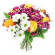 A richly coloured, hand-tied bouquet dominates the frame against a bright white background, its design as considered and creative as an arrangement styled in a Clerkenwell studio. The flowers are massed into a pleasing, rounded dome, giving an immediate impression of fullness and careful craftsmanship. Several standout bi-colour roses form the focal point, their petals opening in generous, layered spirals that transition from glowing golden yellow at the core to deeper orange and a soft reddish wash along the outer edges. These roses bring a feeling of warmth and comfort, like sun pouring through a loft window. Around them, crisp white daisy chrysanthemums create a sense of clarity and light, each bloom centred with a vivid lime-green disk that pops against the white and energises the whole palette. Threaded through the design are vibrant magenta and fuchsia chrysanthemums, compact and densely petalled, their yellow-green centres echoing the daisies and tying the colours together. These jewel-bright flowers add depth and playful intensity, reminiscent of colourful market stalls near Exmouth Market. Deep green, glossy foliage supports and frames the blossoms, adding a natural rhythm and enhancing the bouquet's rounded form. At the base, a neat cluster of cut stems is visible, gathered firmly to show a professional, hand-tied construction and freshly prepared feel. The overall composition radiates joy, gratitude, and celebration, making it an ideal choice for birthdays, promotions in local offices, housewarmings, or simply sending a bright, uplifting message to someone special in Clerkenwell.