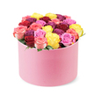 This sumptuous floral ensemble is cradled in a round pastel pink hat box, its soft velvet-like finish catching a gentle glow as it rests on a clean white backdrop. From the box's opening, dozens of freshly bloomed roses rise in a lush, dome-shaped bouquet, the blooms arranged with the sure, steady hand of a seasoned local florist. The color story sweeps across the spectrum with refined exuberance: deep crimson, rich magenta, sunny yellow, bubblegum pink, and bi-color varieties that melt from soft pink into creamy ivory. Each blossom looks meticulously formed, their petals smooth and velvety, while a whisper of green foliage quietly frames the riot of colour and adds a touch of fresh, garden brightness. Set in Clerkenwell, this elegant arrangement feels at home delivered to a doorstep around Exmouth Market, the Barbican, or the narrow lanes near Farringdon. It's an ideal gift for birthdays, anniversaries, or a romantic gesture, and it's available for same-day delivery across Clerkenwell and surrounding neighborhoods. The box's round silhouette and plush texture elevate the present to a statement of luxury, suitable for both intimate moments and festive occasions. Craftsmanship shines in every detail-the dense packing that creates a full, opulent dome, the soft, velvet-like surface of the box, and the gentle, lingering scent of roses with a citrus hint. The overall look is contemporary yet timeless, modern in its minimal greenery and maximal colour. This arrangement embodies premium delivery service and can become the memorable centerpiece of a special day in central London.