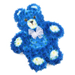 A lovingly detailed floral teddy bear lies centered against a stark white backdrop, every petal contributing to its tender character. The bear's rounded form-head, tummy, and limbs-is made entirely from compact royal blue blossoms, likely chrysanthemums or similar button flowers, placed so tightly that they mimic the dense nap of a favourite soft toy. This uniform blue coat is punctuated by softly contrasting clusters of creamy white to pale yellow blooms, which trace out the bear's muzzle, the inner bowls of the ears, and the oval pads on each paw, giving the figure structure and an unmistakably teddy-like charm. Two large, polished-looking dark brown eyes with black pupils sit evenly spaced above a neat black triangle nose, while a fine curved line beneath the nose creates a hint of a comforting smile. Encircling the neck is a light, gauzy white bow-perhaps organza or mesh-tied neatly with gentle frills that catch the light and add a ceremonial grace. The bear appears to be lying flat yet is modelled so skilfully that the contours of the face and paws feel three-dimensional, with subtle shadows enhancing depth and texture. As someone arranging tributes for families in Clerkenwell and nearby streets off Old Street and Rosebery Avenue, I see pieces like this chosen to honour baby boys, young children, or anyone remembered for their youthful spirit. The cool royal blue suggests peace and calm, while the teddy bear itself, a universal symbol of comfort, conveys protection and everlasting care. Whether set beside a coffin, placed at a graveside, or delivered to a home as a heartfelt condolence, this floral teddy brings a gentle, embracing presence to moments of grief and remembrance.