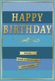 This birthday card captures a graceful balance of calm blues and celebratory gold, as composed and thoughtful as a slow stroll through Clerkenwell's quieter streets. The background is made up of wide, horizontal stripes that gently shift in tone from top to bottom: deep navy at the upper edge, then rich cobalt, cool teal and finally a pale, soft blue that feels almost like morning light over Clerkenwell Green. These stripes are matte and smooth, their colours blending in a restful ombré that suggests steady breathing and unhurried time. Across this soothing backdrop, the words HAPPY BIRTHDAY stretch confidently in large, embossed capital letters, finished in warm metallic gold. The foil glints discreetly rather than dazzling, echoing the glow of late afternoon sun on Farringdon's brick buildings. Beneath the main message, a single, elegant golden flourish curves like a decorative underline, drawing the eye down towards three slim gold banners that rest in a tidy stack. Each banner bears part of a friendly wish-Relax, have a great day and enjoy!-the letters finely pressed into the gleaming surface. The gold details rise slightly above the flat blues, adding gentle texture under the fingertips. Encasing everything is a narrow gold border, crisp and precise, framing the card as if it were a small framed print. The overall impression is one of understated sophistication and genuine warmth, ideal for marking a birthday where peace and appreciation matter as much as fun. Imagined beside a simple vase of fresh flowers in a Clerkenwell apartment, this card would quietly encourage the recipient to take a breath, savour their day, and feel truly celebrated.