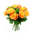 A hand-tied bouquet of about twelve glowing roses appears suspended against a bright white background, as if freshly finished in a Clerkenwell workshop and set down for a photograph. The roses are gathered closely into a generous dome, each bloom fully open, showcasing concentric circles of velvety petals. At the core of every flower, a clear, lemon-yellow radiates outward, slowly melting into rich apricot, sunset orange, and occasional red-orange tips, creating a striking flame-like gradient that evokes warmth and joy. Some petals are slightly curled and ruffled at the edges, adding a sense of softness and movement, while the overlapping layers create a plush, almost quilted texture across the surface of the bouquet. Between the blossoms, dark, glossy green leaves emerge, their clean, defined shapes framing the roses and intensifying the vivid colour contrast, much like greenery softening the brickwork of Clerkenwell's old warehouses. The stems below form a tight, straight bundle, freshly cut, their deep green suggesting cool moisture and the crisp snap of living wood. Strong yet gentle lighting reveals the subtle shadows between petals and the delicate veining of the leaves, giving the bouquet depth without distraction. The overall mood is uplifting and celebratory, ideal for conveying affection, gratitude, or congratulations to someone living or working near Exmouth Market, Farringdon, or Smithfield. Even without scent in the image, you can almost imagine leaning in to breathe the subtle, sweet fragrance and feel the brushed-silk texture of the petals against your fingertips.