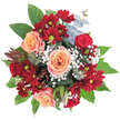 A tactile portrait of abundance: a tightly rounded bouquet set against a clean white background, each bloom and leaf composed with careful attention to rhythm and balance. Soft peach roses dominate the view - one unfolding at the very centre, another reclining toward the upper left and a third dipping to the lower left - their petals spiralling in velvety layers that catch a gentle, diffuse light. Interwoven among them are dense clusters of deep burgundy to crimson chrysanthemum-like blooms, their small faces punctuated by bright greenish-yellow centers that add a shimmering contrast to the darker tones. Wisps of tiny white baby's breath are threaded throughout, their cloud-like clusters softening the composition and lending an airy counterpoint to the richer hues. Large, glossy dark green leaves create a luxuriant backdrop and peek from the perimeter, grounding the arrangement with broad strokes of verdant colour, while silvery blue-green eucalyptus-notably visible in the upper right-introduces a cool, muted note and a different leaf shape for visual relief. On the left, a rusty, reddish-brown spiky element, reminiscent of a protea bud or exotic foliage, gives the bouquet an architectural edge and a hint of autumnal drama. The overall effect is warm and sophisticated: the palette of peach, deep red, crisp white and layered greens sings of celebration, quiet romance, and seasonal gatherings. As an experienced florist in Clerkenwell, I picture this tied with natural twine for a market stall near Exmouth Market or arranged for a cosy dinner on St John's Square - a bouquet that reads as both conversation piece and comforting gift, with a scent of soft rose sweetness and fresh green foliage.