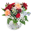 A striking array of peach-apricot and deep red roses, nestled beside rich burgundy chrysanthemums and frothy gypsophila, is artfully presented in a round glass vase-capturing the essence of Clerkenwell's creative vibrance. Pale eucalyptus sprigs and glossy dark foliage curve gracefully outward, their crisp textures a nod to the leafy lanes of nearby Wilmington Square. The glass vase gleams with gentle clarity, showing the bouquet's expertly cropped stems awash in fresh water, while hints of dark plum-tinted leaves add a contemporary twist. The entire arrangement feels alive and celebratory, humming quietly with romance and joy, just as one might feel wandering Clerkenwell Road in the glow of golden hour. Ideal for sharing gratitude, honouring a special birthday, or expressing a heartfelt sentiment, this composition-designed with local knowledge and artistry-brings the fresh, refined spirit of Clerkenwell Flowers directly into your home or office.