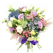 This elegant bouquet, masterfully arranged by the florists of Clerkenwell, channels the creative energy and gentle pace of the neighbourhood's leafy parks and winding streets. The arrangement's centre is anchored by lush hydrangeas awash in deep indigos, shifting teals, and soft purples, their rounded clusters exuding a cloud-like softness reminiscent of spring mornings walking through Spa Fields. Unfurling between the hydrangeas, delicate lavender and creamy white roses add romantic depth and timeless allure, much like the tranquil nooks found near Clerkenwell Green. Gentle white ranunculus blooms layer in rich texture with ruffled petals, while slender, pale yellow lisianthus blossoms rise gracefully, scattering subtle brightness and elegance. Dashes of vivid fuchsia from petite filler flowers lift the palette with joy, complemented by ethereal pale pink astilbe that dances lightly along the bouquet's edge. Wispy touches of near-translucent green and white fillers mimic the local wildflowers one might catch near St John Street. Glossy, deep green foliage provides a refreshing backdrop, highlighting each colour and curve. All stems are carefully gathered and finished with a wide, rich purple satin ribbon, tying the composition together with understated luxury. This arrangement radiates a mood of celebration and artistry, ideal for acknowledging life's special moments, sending love, or bringing the vibrancy of Clerkenwell's streets and gardens into any living space.