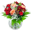 A bouquet brimming with sensual warmth and gentle luxury, this Clerkenwell-inspired arrangement immediately captivates the eye and stirs the senses. At its heart, opulent crimson chrysanthemums and radiant scarlet roses gather in an inviting cluster around buttery apricot and soft peach roses, each petal softly unfurling in elegant whorls. Billowy clouds of white gypsophila drift throughout, adding an airy softness and a hint of whimsical movement, their presence reminiscent of early morning fog over St John's Square. The ensemble is framed by broad, glossy leaves that reflect the shifting daylight and ground the bouquet in vibrant freshness. Housed within a round, crystal-clear glass vase, the stems are visible, reinforcing a feeling of honesty and openness that echoes Clerkenwell's character. This arrangement feels innately romantic and deeply personal-such a gift might celebrate an anniversary, mark a declaration of affection, or simply remind someone near Farringdon of how cherished they are. Subtle floral aromas mingle with green notes, conjuring up the sensation of a garden at dawn. Every detail, from the harmonious colour palette to the expert balance of shapes, speaks of a florist's dedication to both aesthetic craft and heartfelt emotion, creating a bouquet that feels as authentic as the neighbourhood it's crafted in.