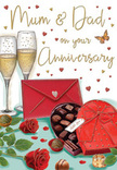 This illustrated anniversary card creates an intimate celebration scene that feels as inviting as a quiet night in overlooking Clerkenwell's cobbled streets. At its heart, two tall champagne flutes rise side by side, filled almost to the brim with golden, effervescent bubbles that catch the light and suggest the moment just before a loving toast. Close by, a heart-shaped box of chocolates in a deep, romantic red sits open, revealing a tempting array of glossy bonbons, their rounded tops and smooth surfaces conjuring the rich scent of cocoa and cream. A dramatic red bow spills softly over the lid, its satin folds painted with lifelike shine. Resting nearby, two red roses with vivid, velvety petals are framed by fresh green leaves, mirroring the kind of timeless stems chosen for anniversary deliveries to homes around Farringdon and St John's Lane. Scattered around the main elements are tiny golden and crimson hearts that float gently across the design, embracing tender Mum & Dad lettering in a graceful script that feels both personal and celebratory. At the front of the scene, a scarlet envelope, sealed with care, hints at a handwritten message brimming with gratitude and affection. Subtle reflections on the glass and glimmers of light on the chocolates and roses lend the card a warm, candlelit atmosphere, like a special evening planned just for two. Together, these details evoke the pleasure of shared treats, heartfelt words, and the quiet certainty of a love that has grown through many years and moments.